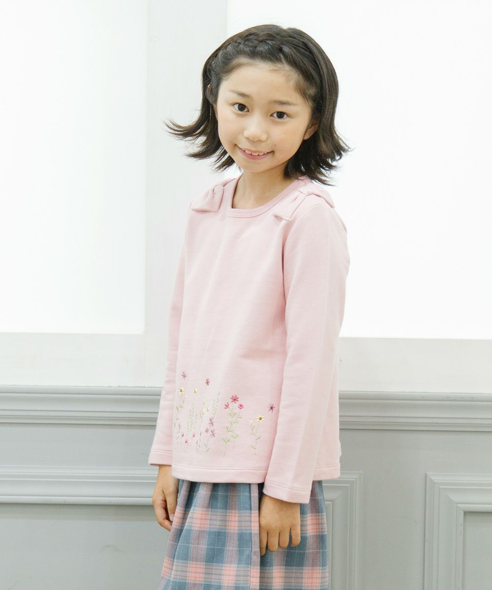 Children's clothing girls flower embroidery A line linen T -shirt pink (02) model image 1