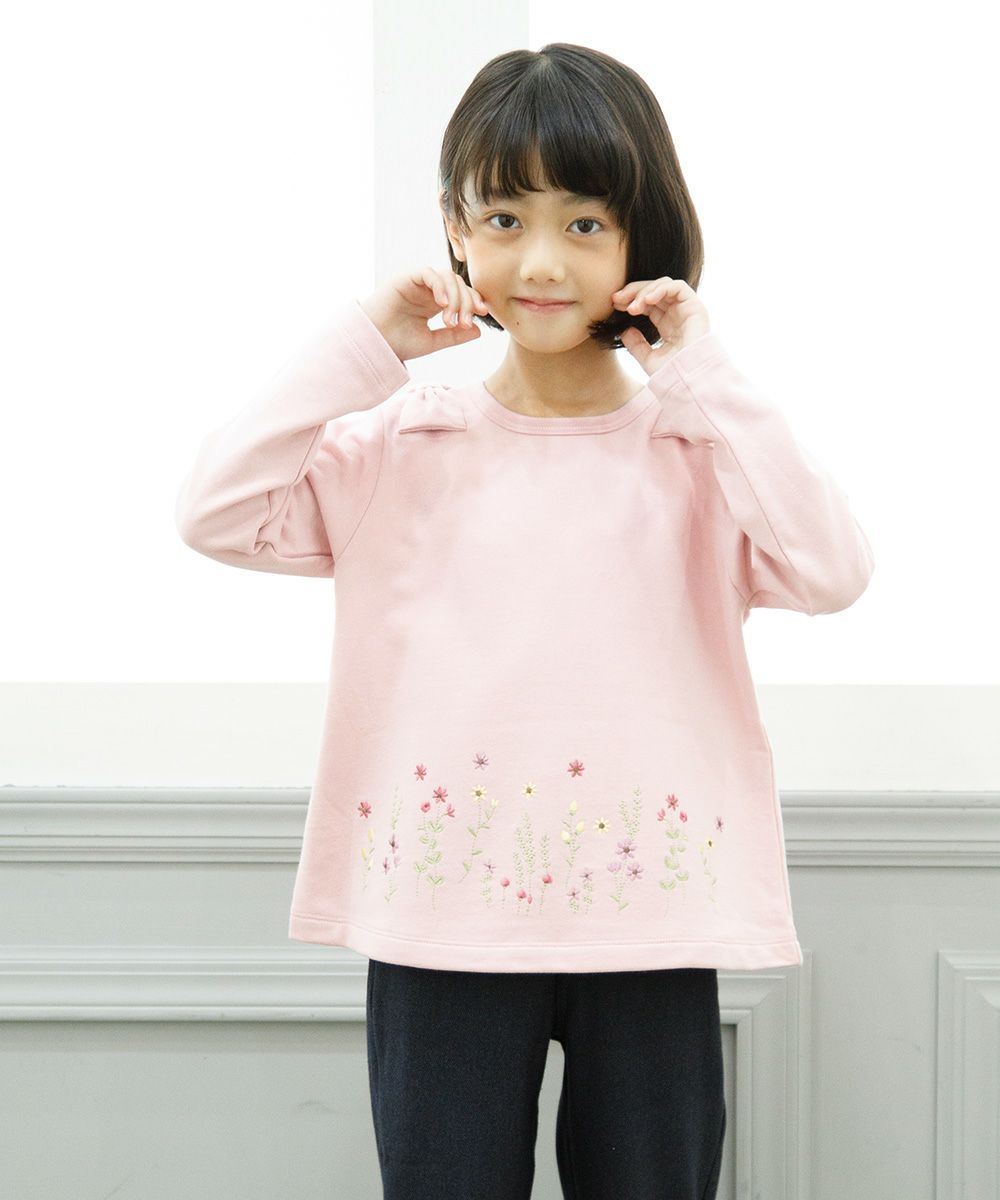 Children's clothing girls flower embroidery A line linen T -shirt Pink (02) model image 3