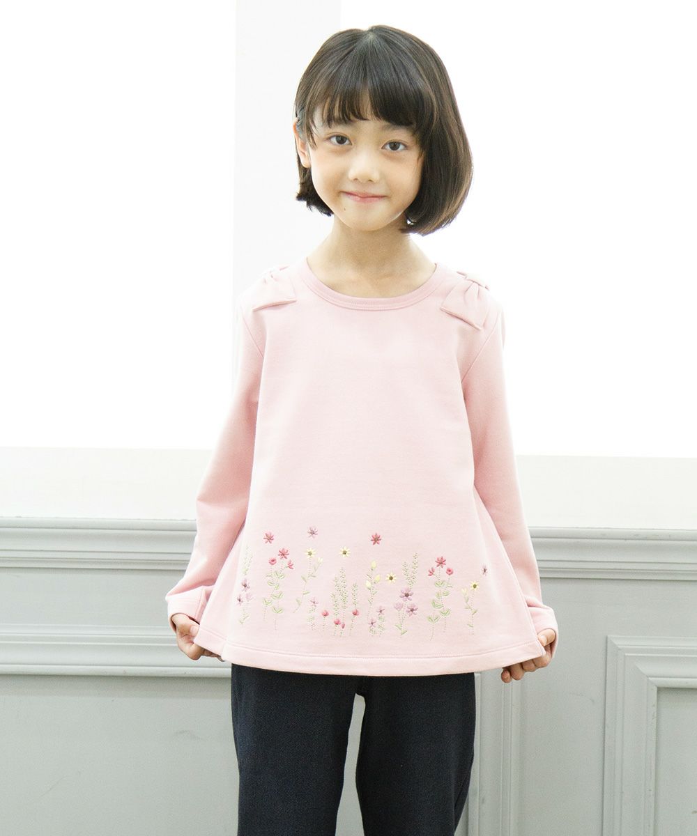 Children's clothing girls flower embroidery A line linen T -shirt Pink (02) model image 4