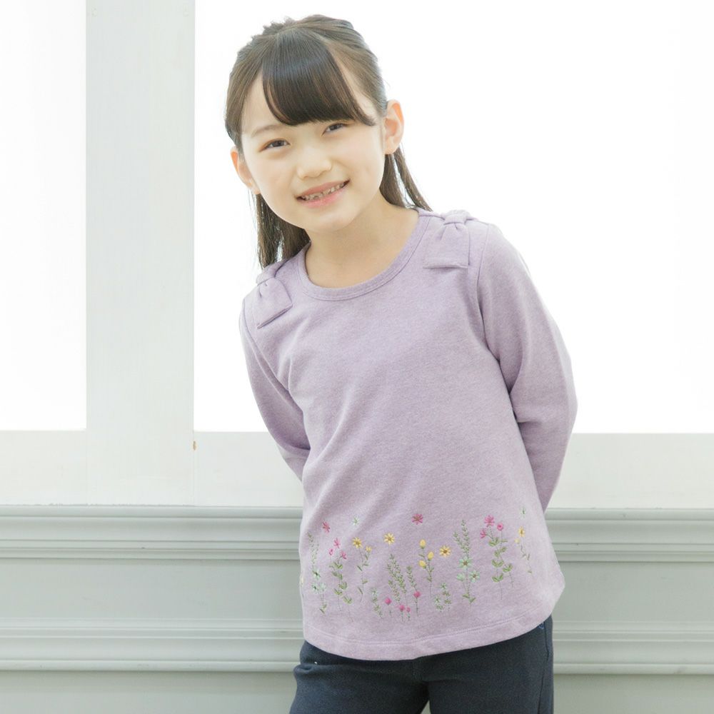 Children's clothing girls flower embroidery A line back hair T -shirt purple (91) model image up