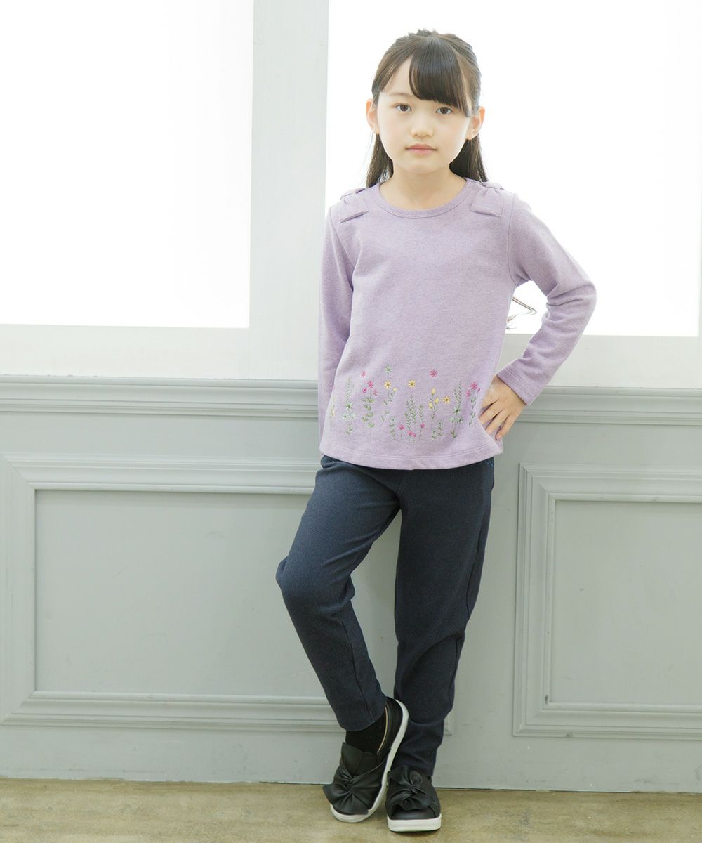 Children's clothing girls flower embroidery A line back hair T -shirt purple (91) model image 1