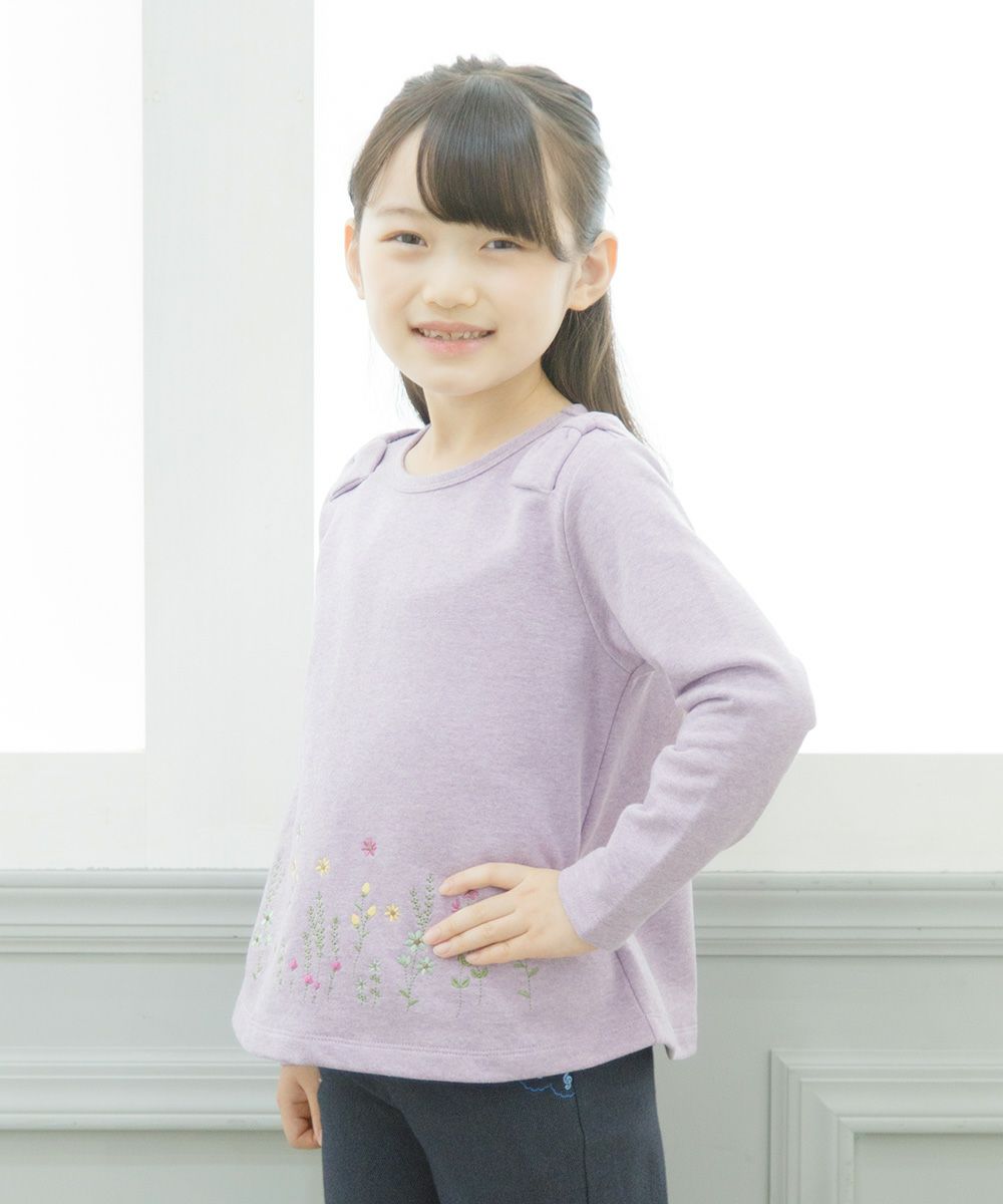 Children's clothing girls flower embroidery A line back hair T -shirt purple (91) model image 2