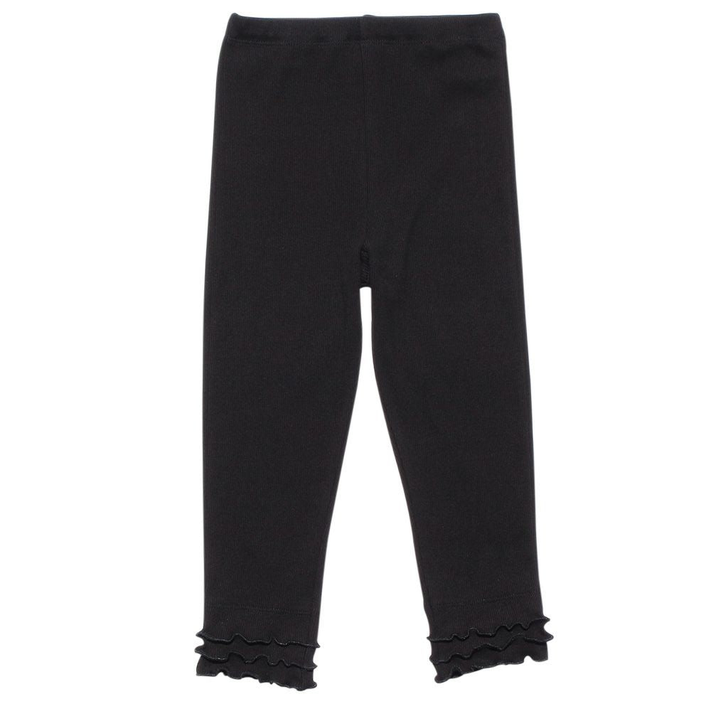 Hem frill design rib material three-quarter length leggings Black front