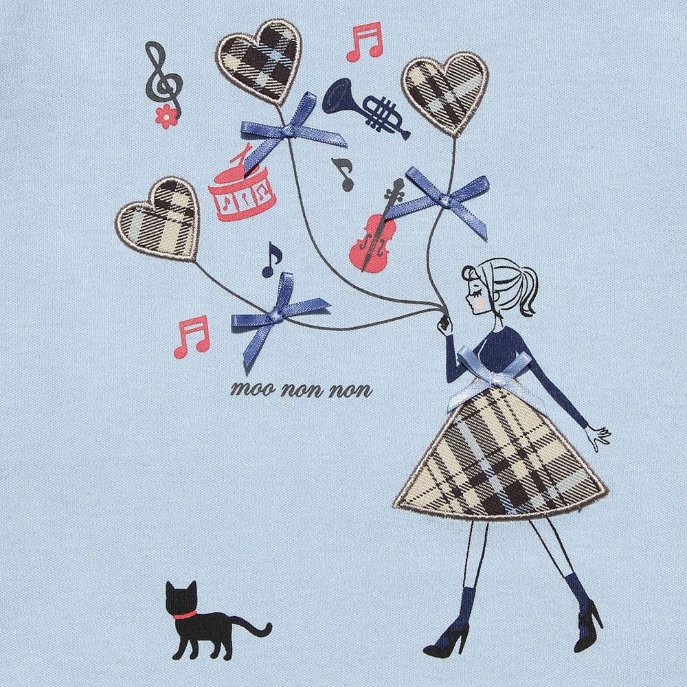 100 % cotton girl motif & check pattern heart & note T -shirt Blue Design point 1