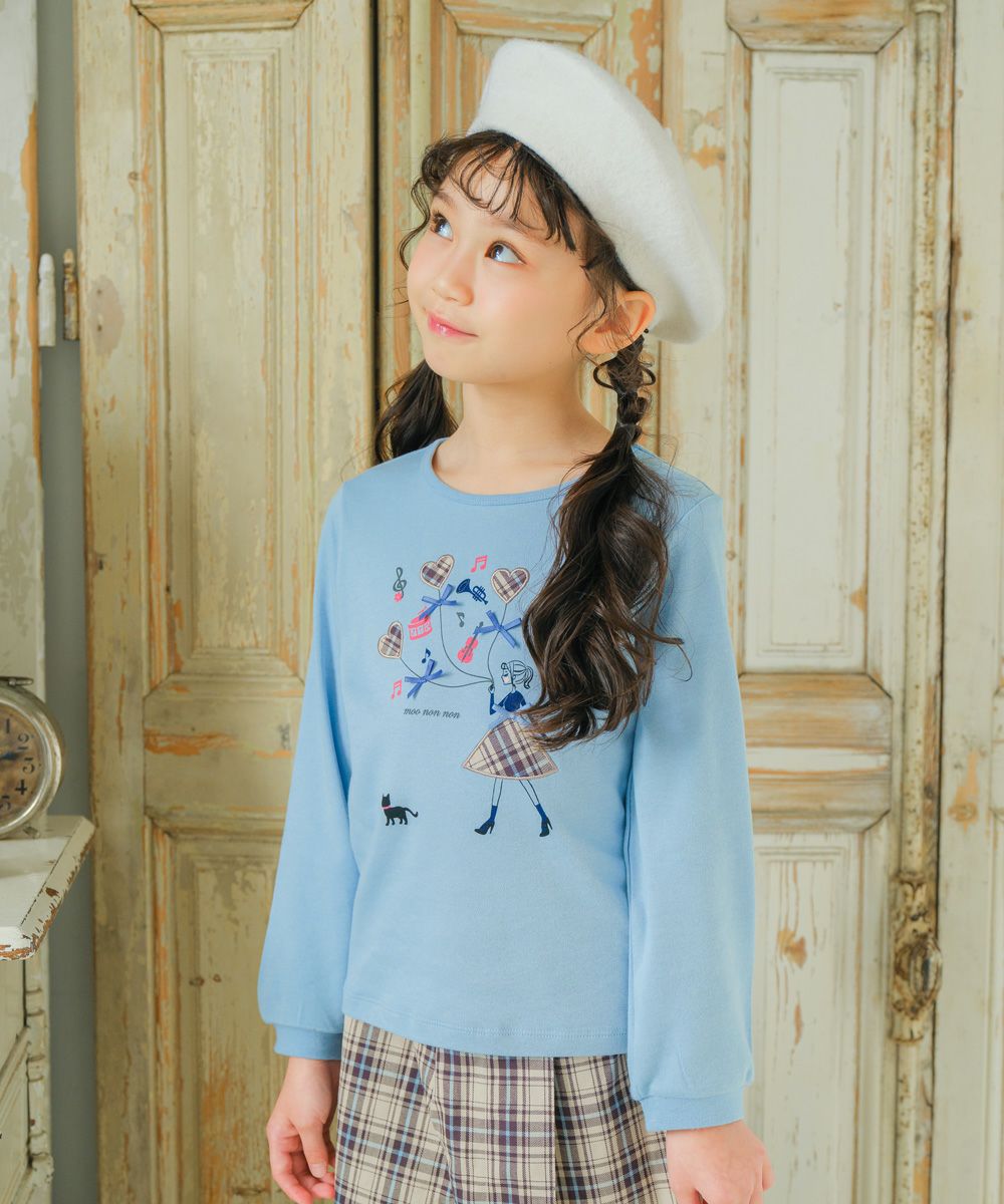 100 % cotton girl motif & check pattern heart & note T -shirt Blue model image 1