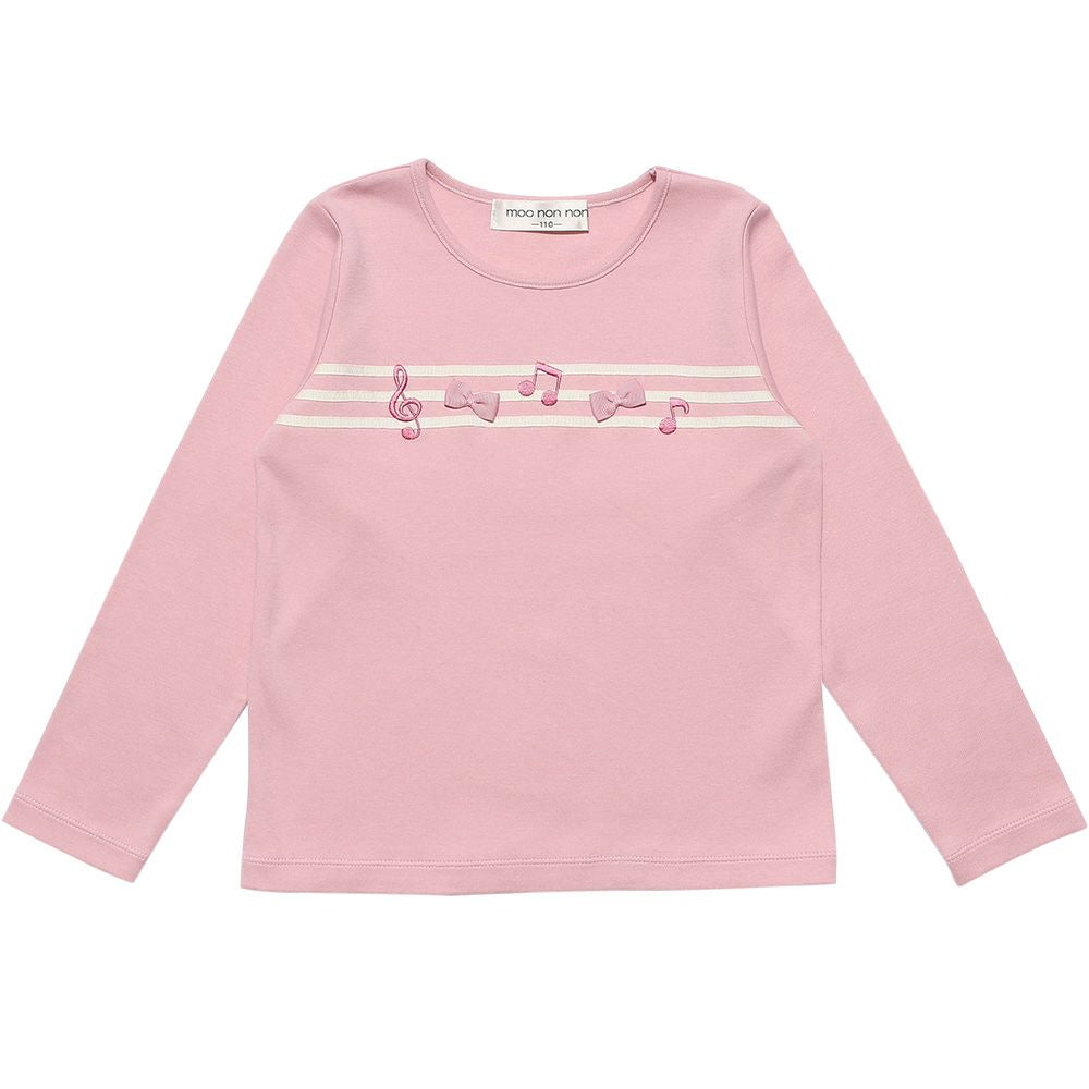 100 % cotton note embroidery & ribbon T -shirt Pink front