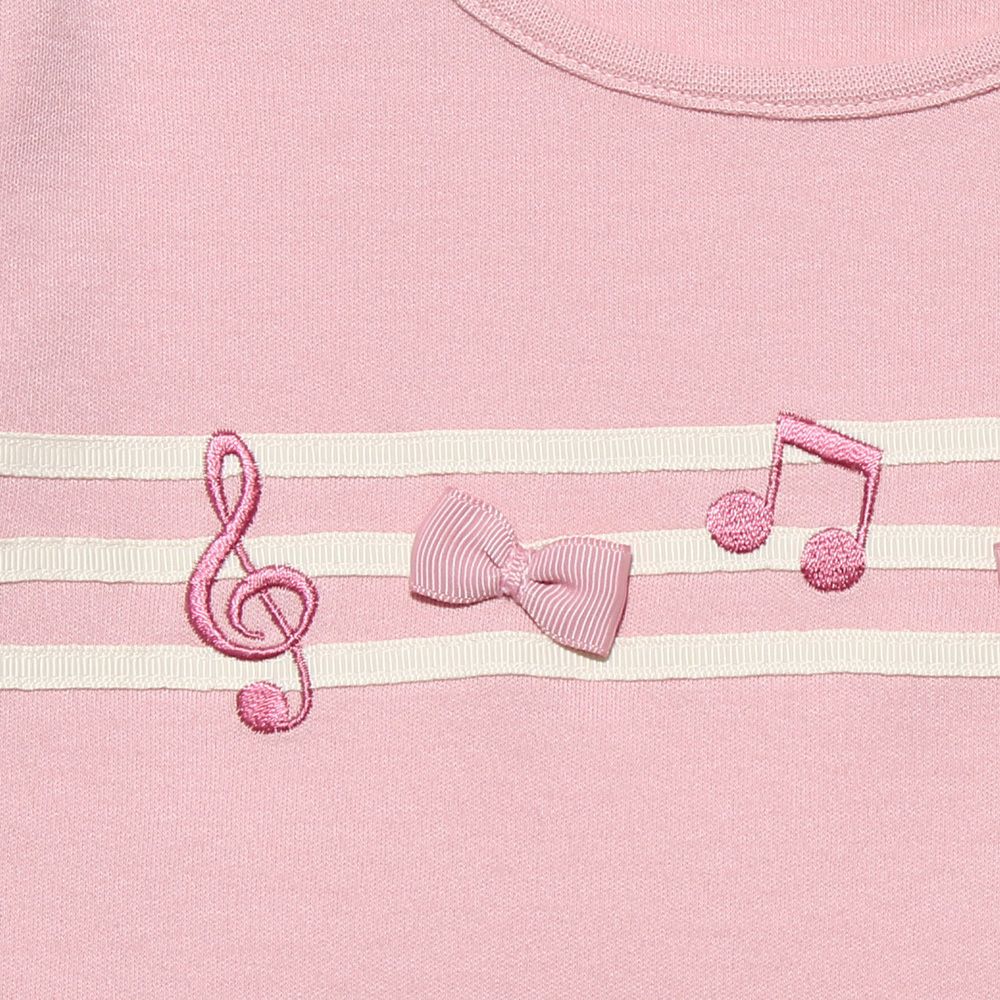 100 % cotton note embroidery & ribbon T -shirt Pink Design point 1