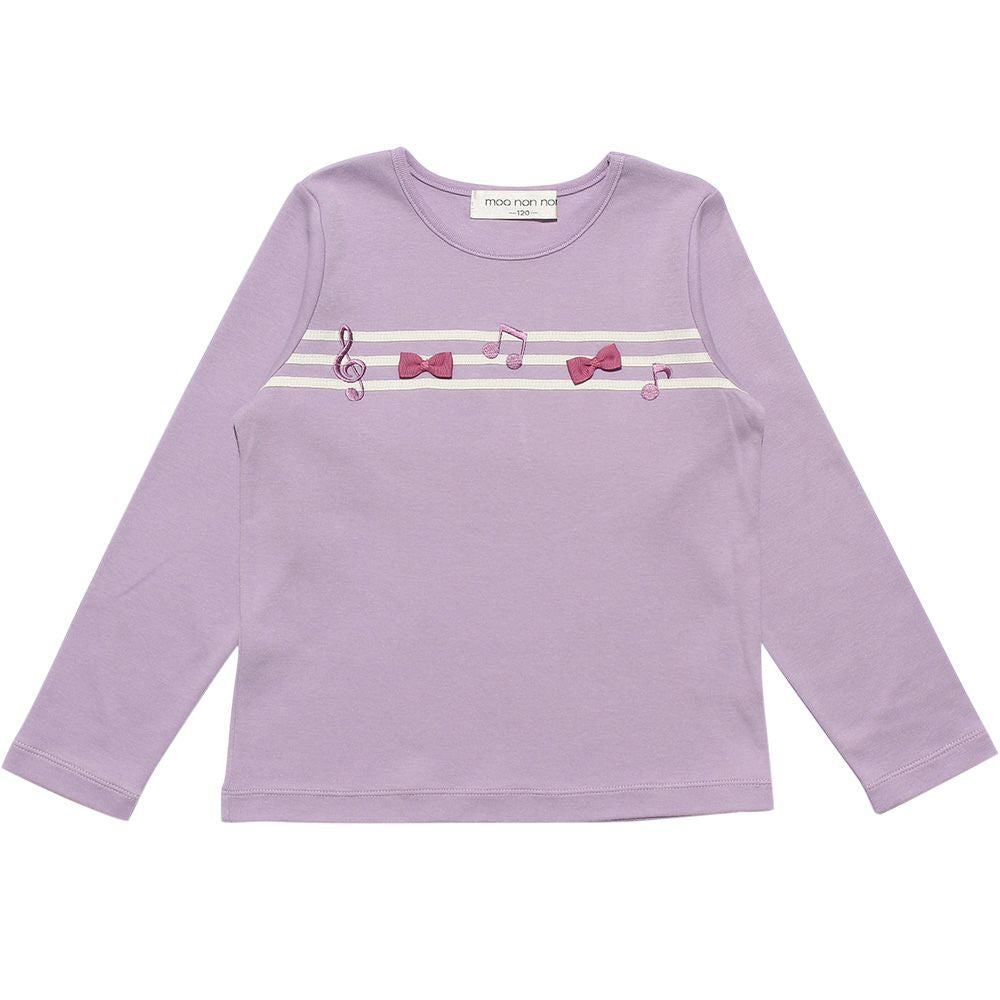 100 % cotton note embroidery & ribbon T -shirt Purple front