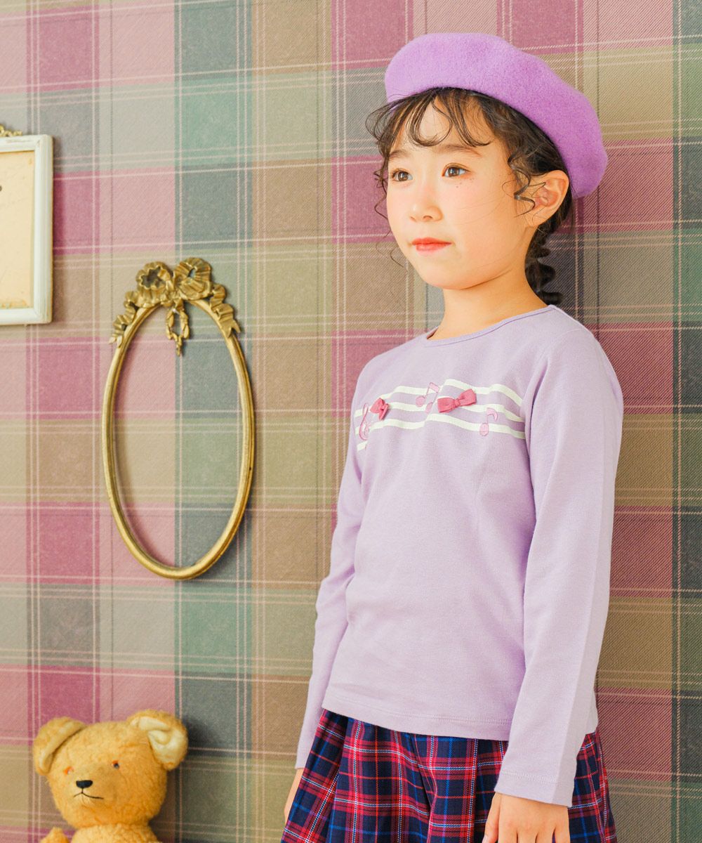 100 % cotton note embroidery & ribbon T -shirt Purple model image up