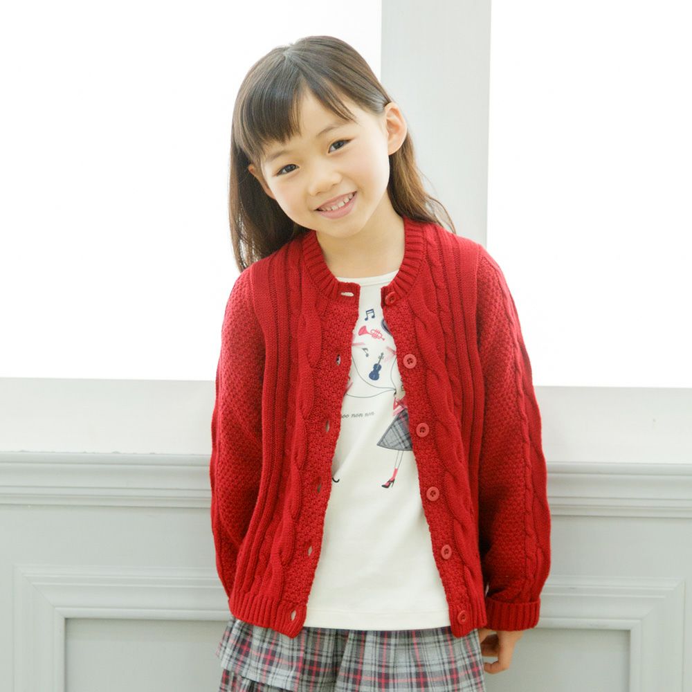 Cable knitting knit cardigan Red model image up