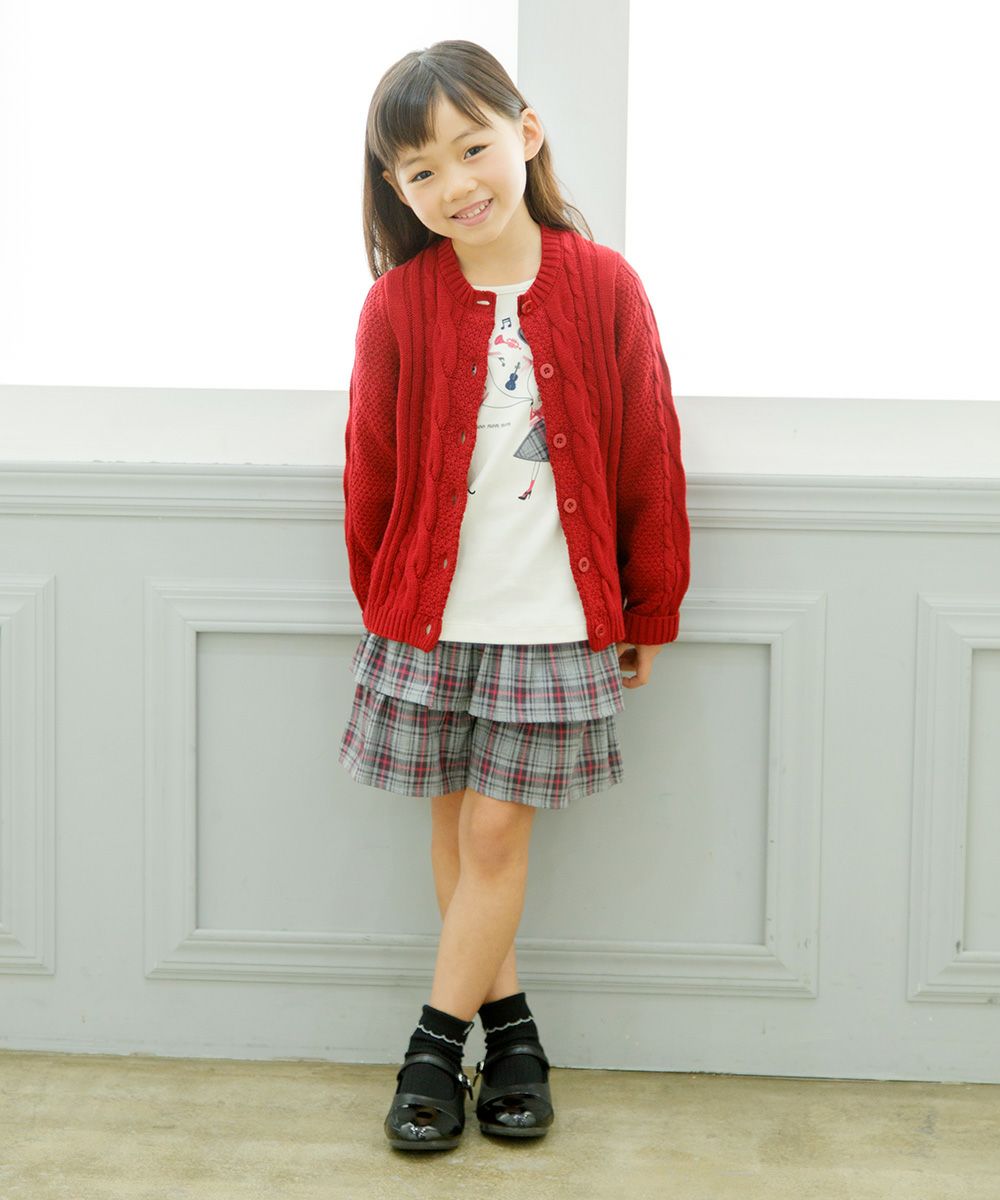 Cable knitting knit cardigan Red model image whole body