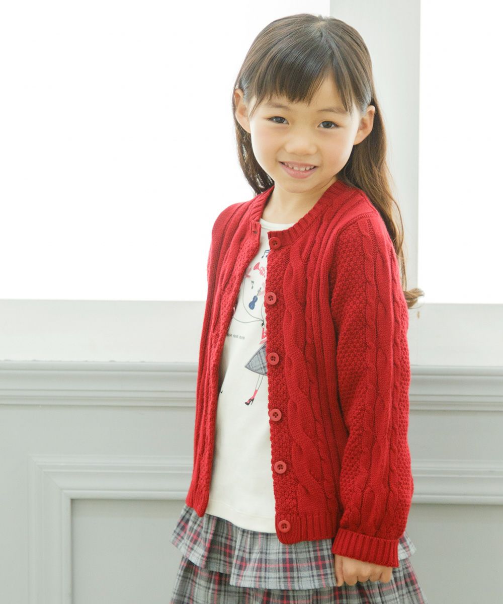 Cable knitting knit cardigan Red model image 1