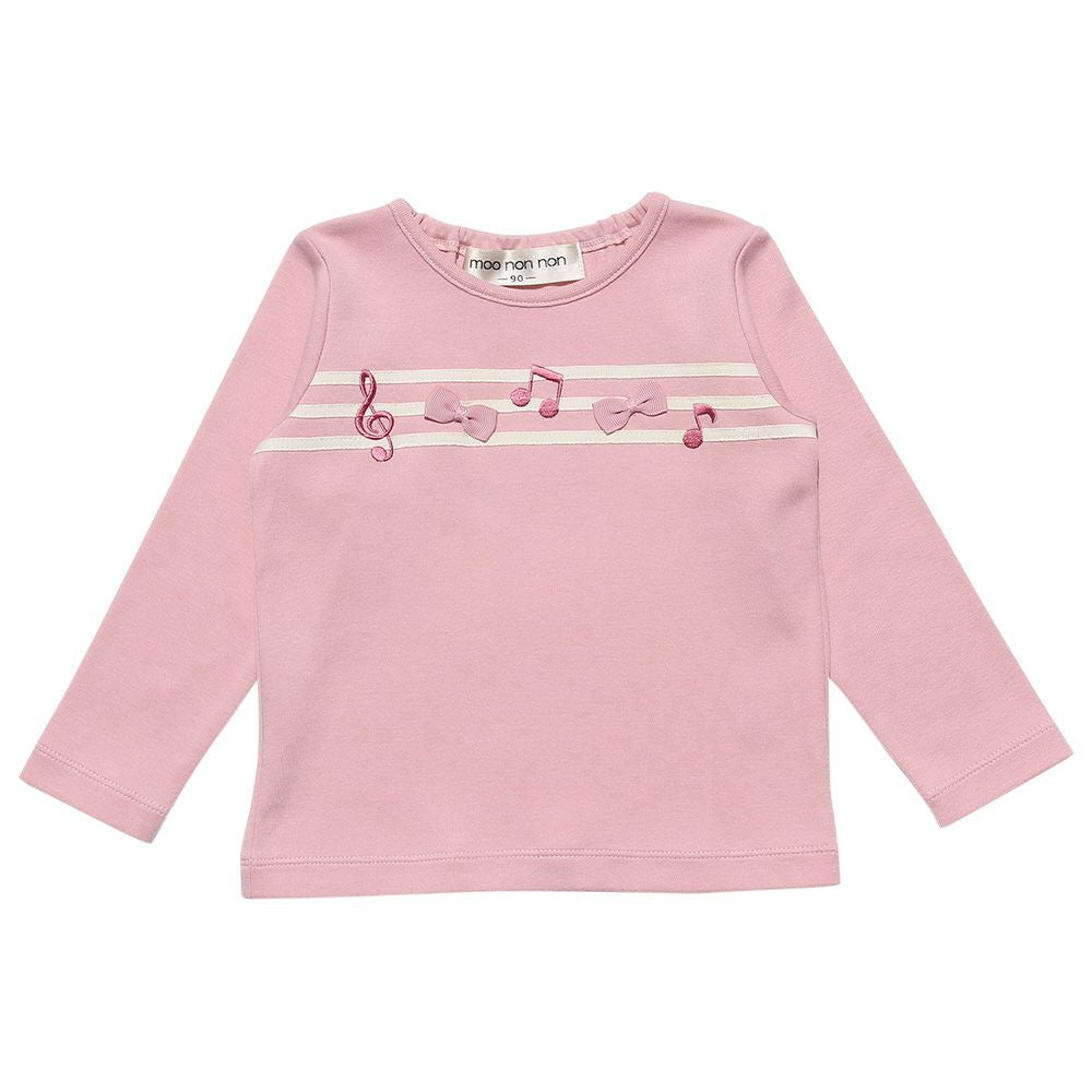 Baby size 100 % cotton note embroidery & ribbon T -shirt Pink front