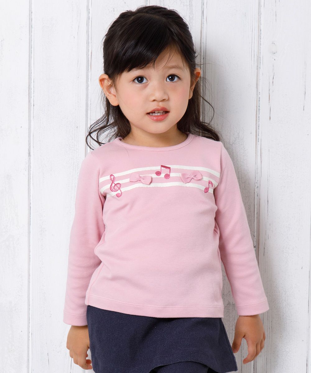Baby size 100 % cotton note embroidery & ribbon T -shirt Pink model image up