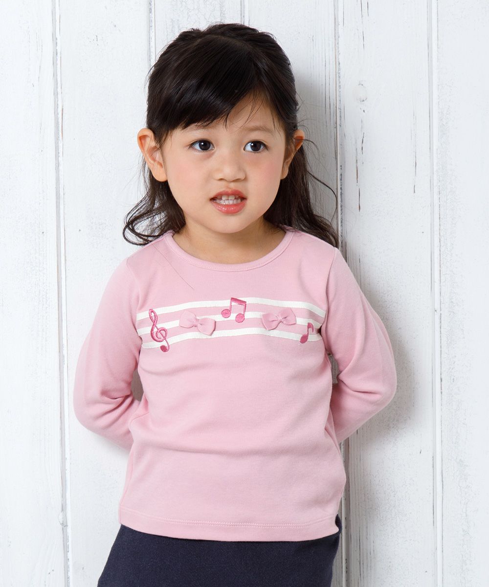 Baby size 100 % cotton note embroidery & ribbon T -shirt Pink model image 1