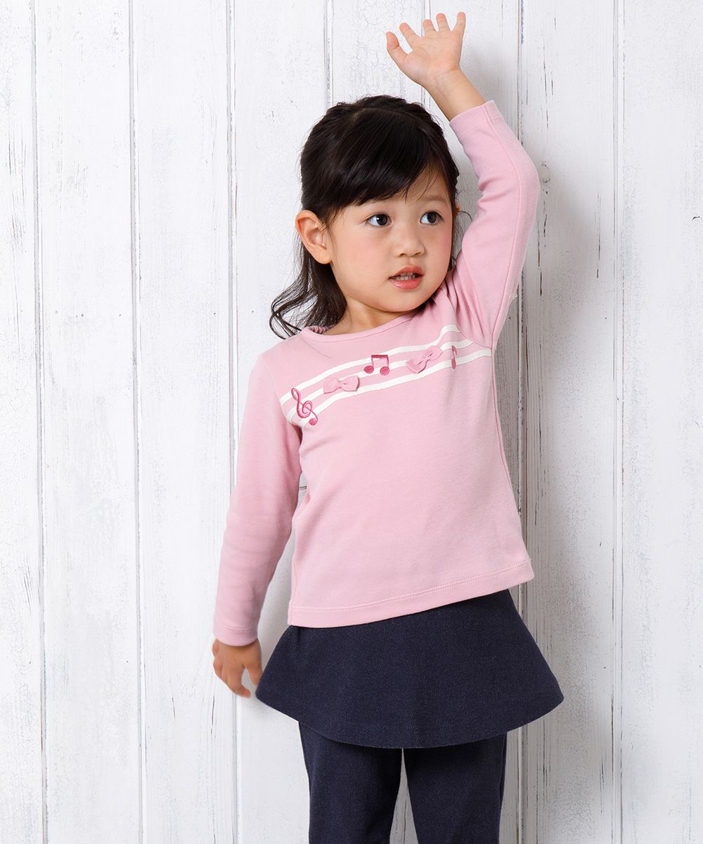 Baby size 100 % cotton note embroidery & ribbon T -shirt Pink model image 2