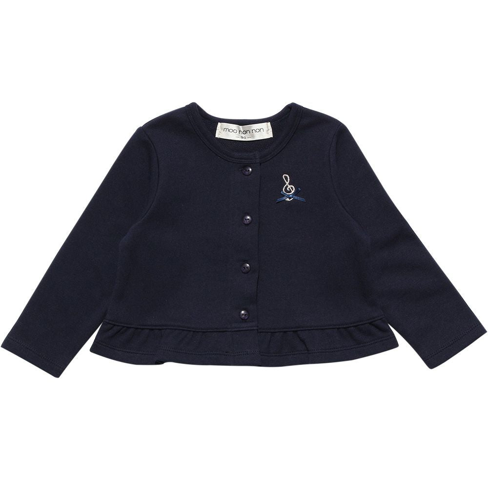 Baby size note embroidery fleece cardigan Navy front
