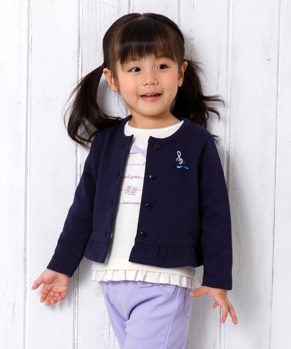 Baby size note embroidery fleece cardigan Navy model image 1