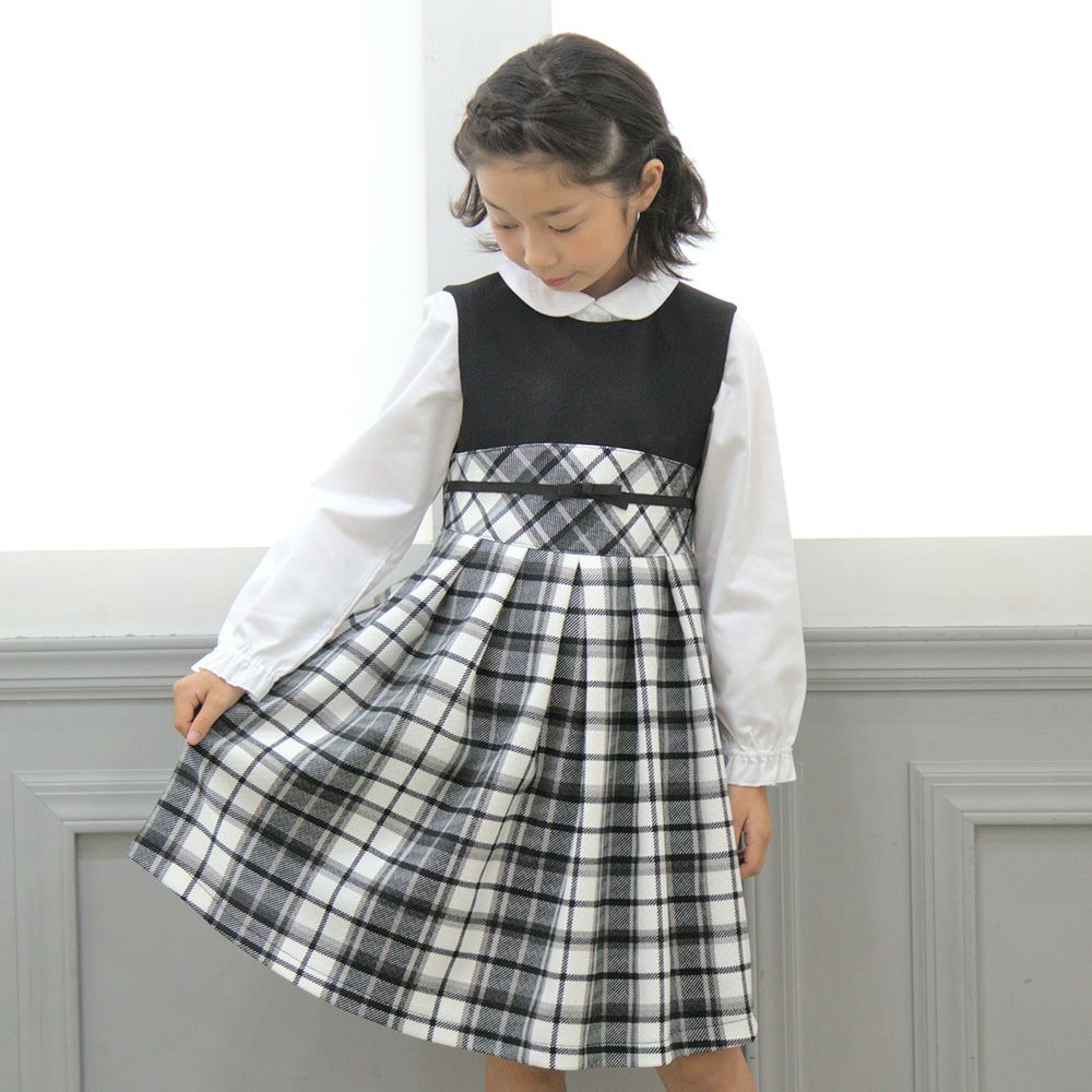 A dress with a Japanese check pattern ribbon White/Black model image up