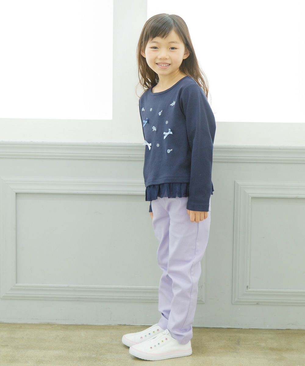 Super stretch material with ribbon full -length slope pants Purple model image 2