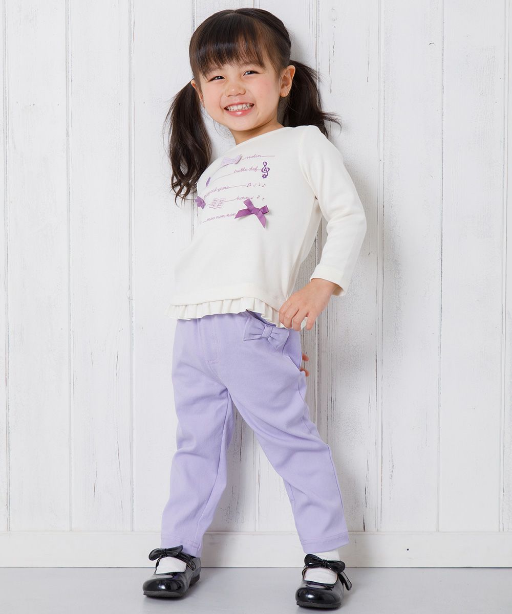 Super stretch material with ribbon full -length slope pants Purple model image whole body