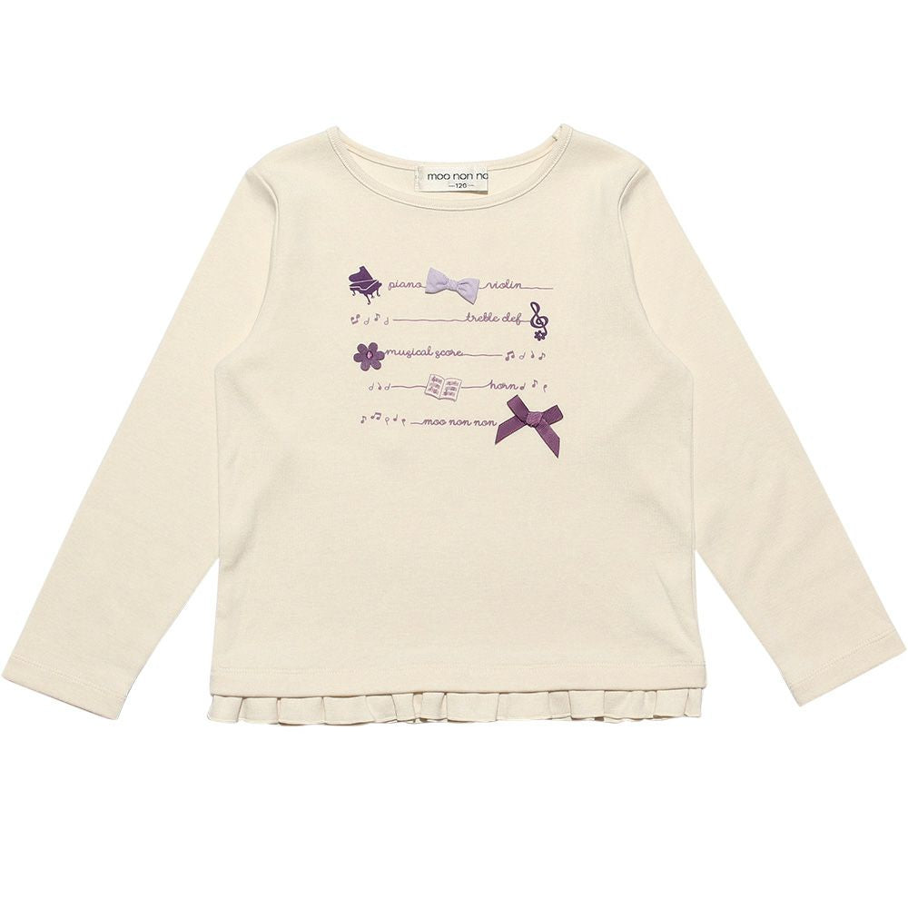 Ribbon & flower motif & frill logo print T -shirt Ivory front