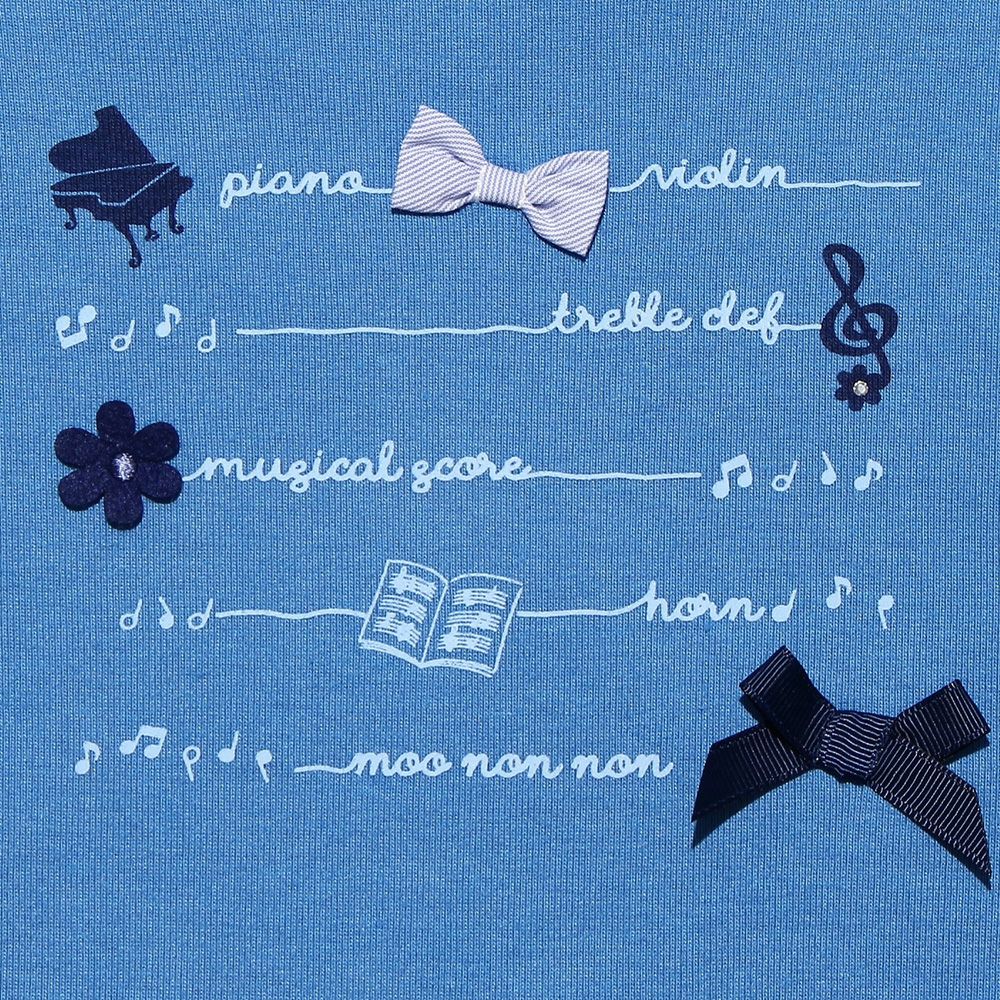Ribbon & flower motif & frill logo print T -shirt Blue Design point 1