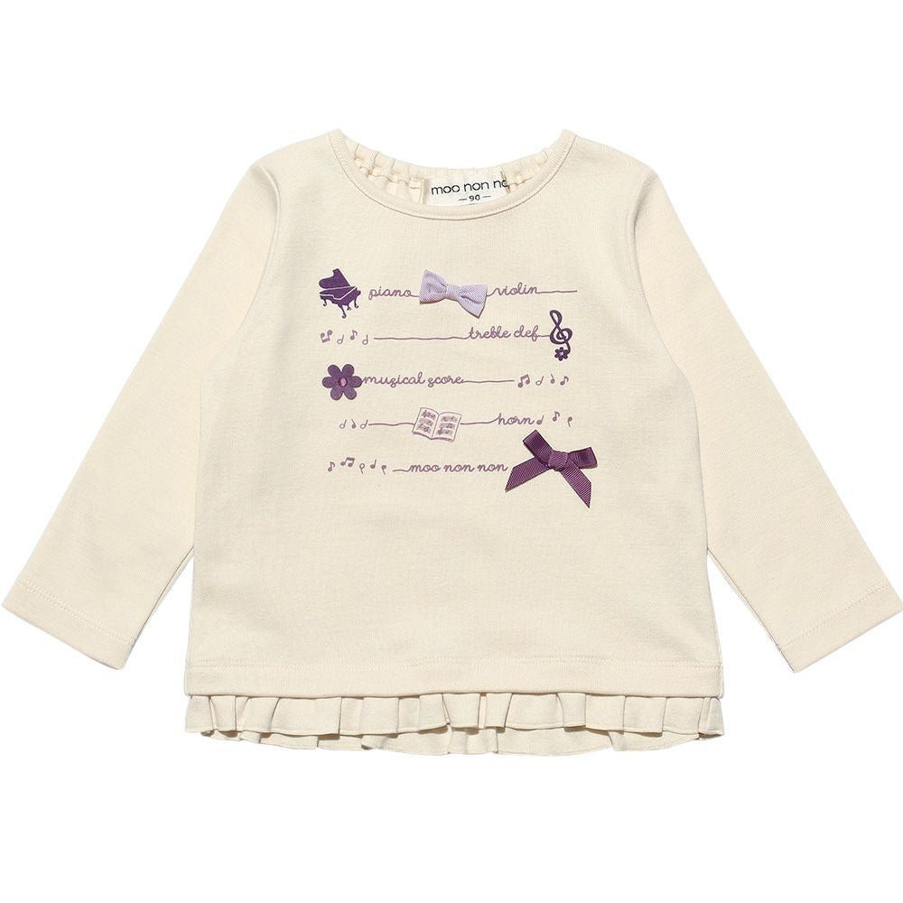 Baby size ribbon & flower motif & frilled logo print T -shirt Ivory front