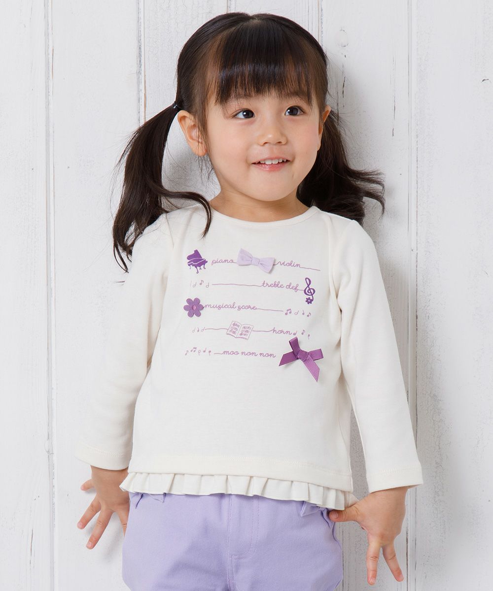 Baby size ribbon & flower motif & frilled logo print T -shirt Ivory model image up
