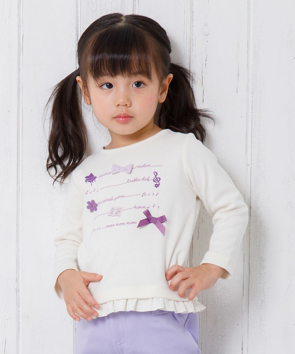 Baby size ribbon & flower motif & frilled logo print T -shirt Ivory model image 2