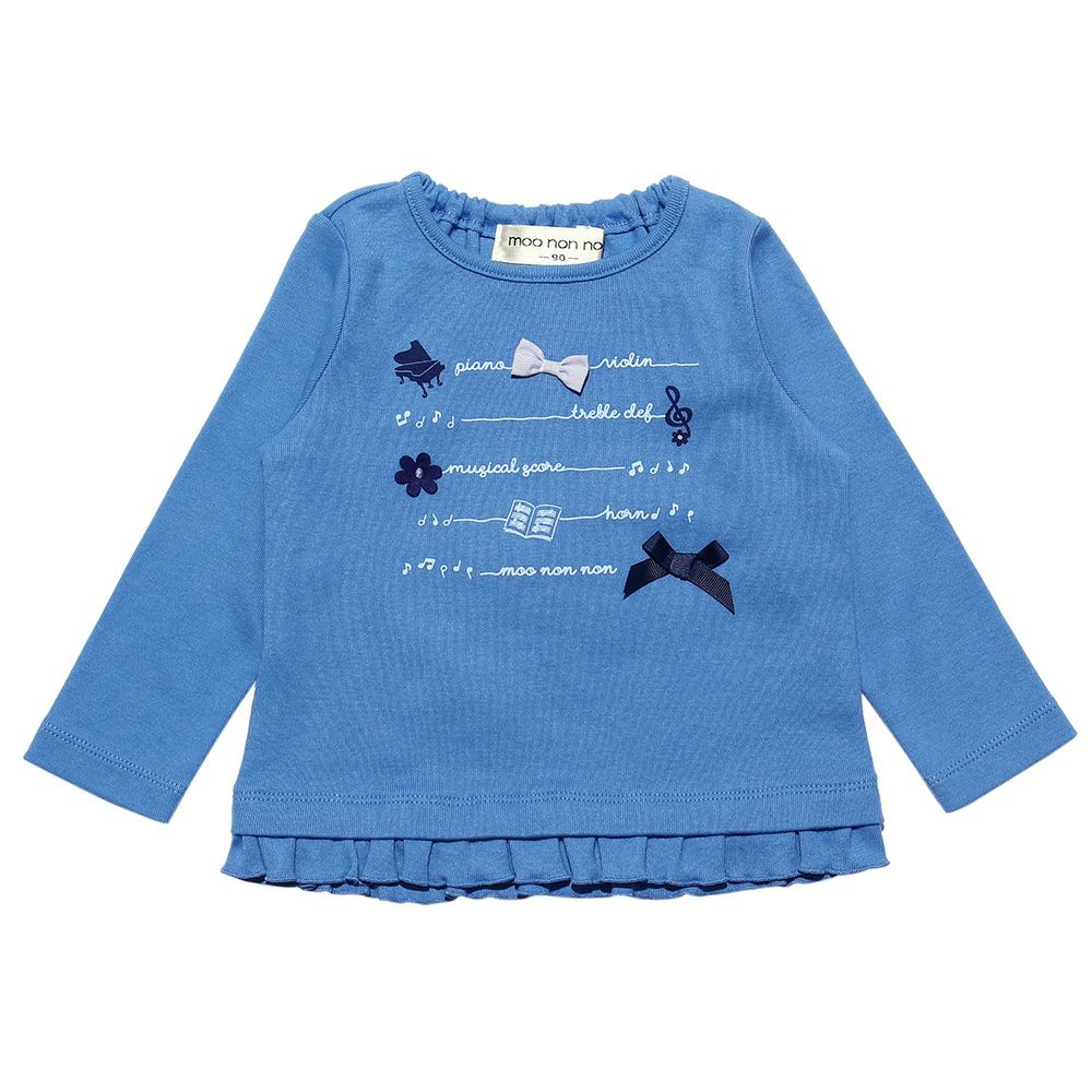 Baby size ribbon & flower motif & frilled logo print T -shirt Blue front