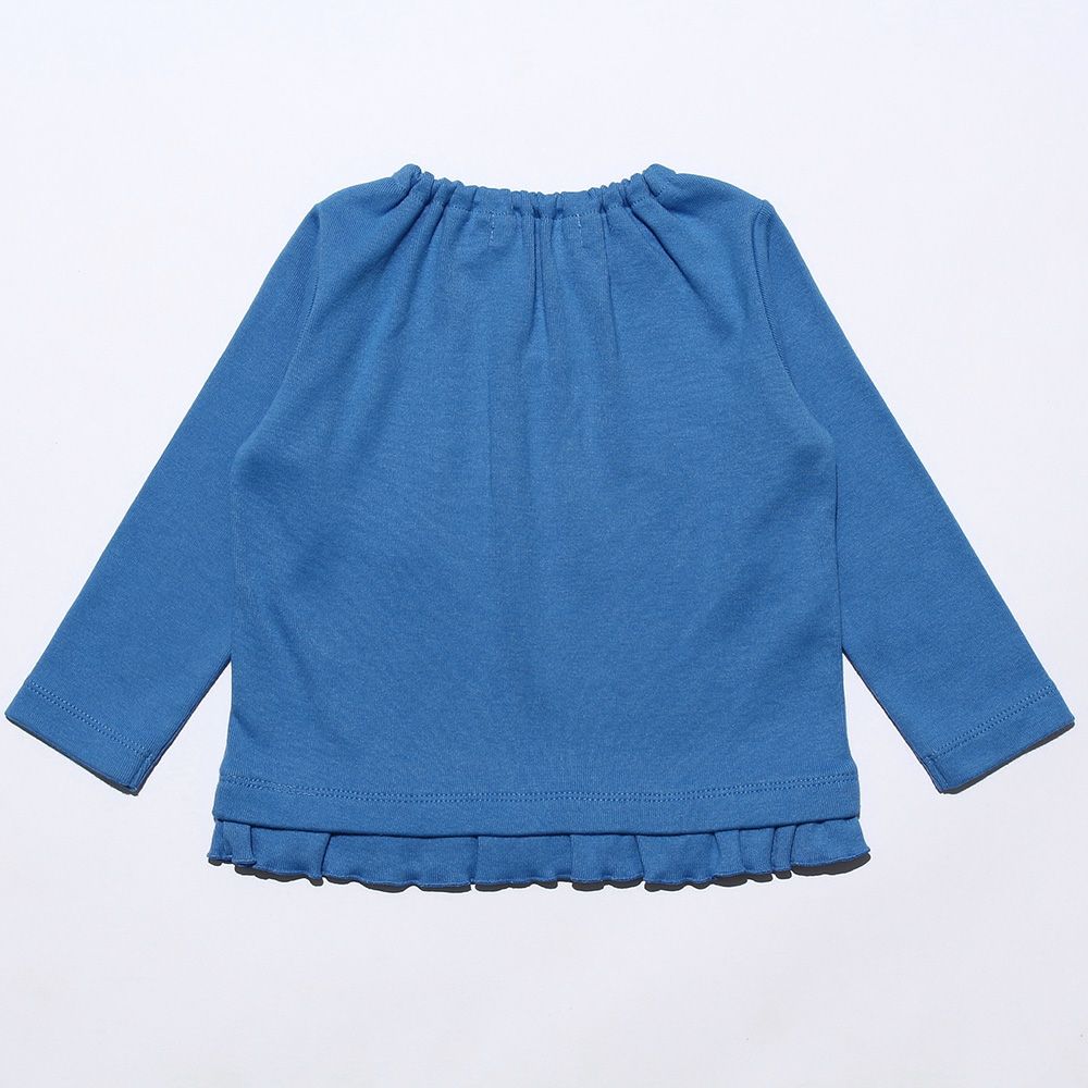 Baby size ribbon & flower motif & frilled logo print T -shirt Blue back