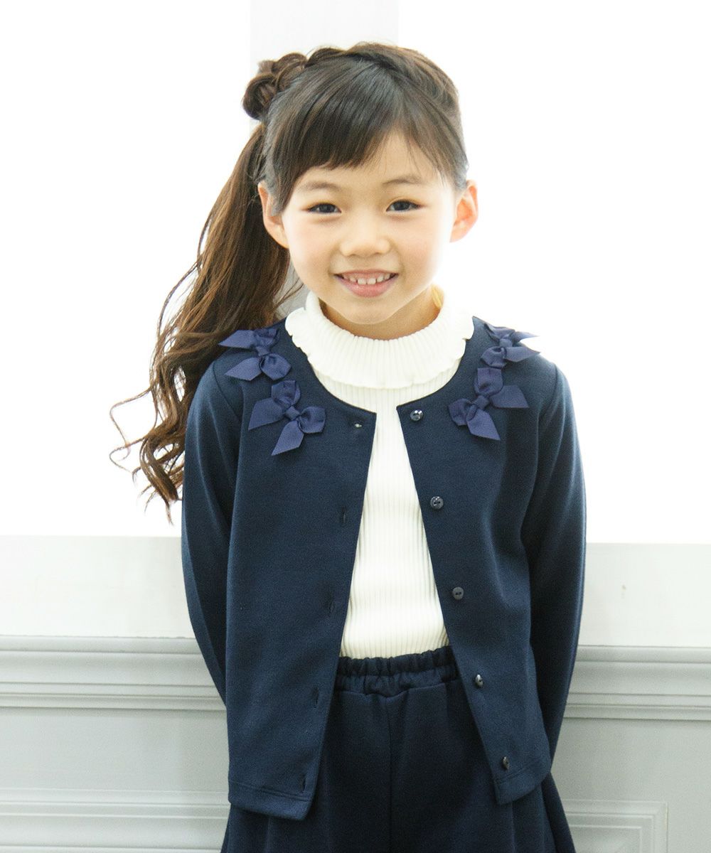 Children's clothing girl with ribbon Double knit cardigan navy (06) model image up