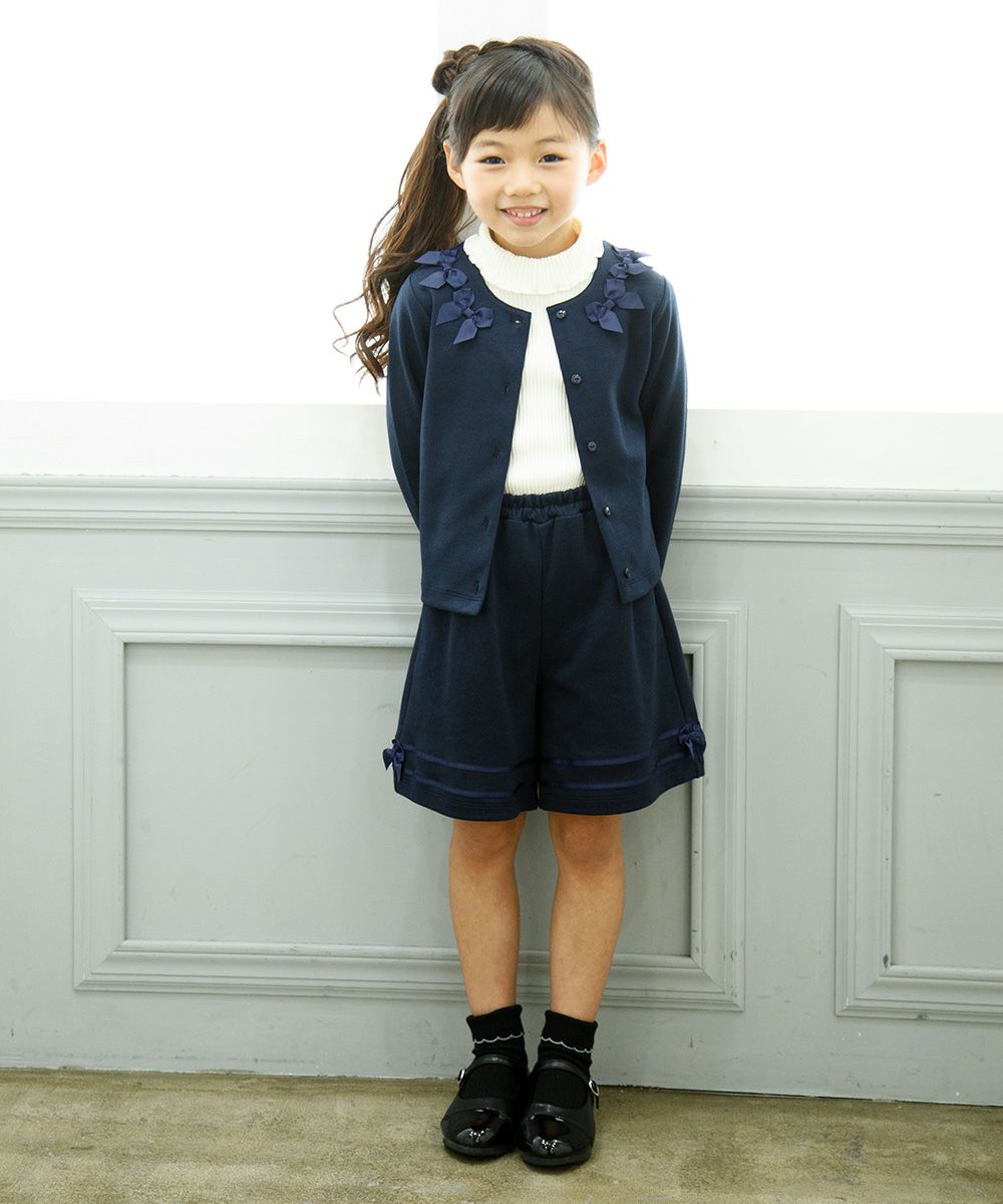 Children's clothing girl with ribbon Double knit cardigan navy (06) model image whole body