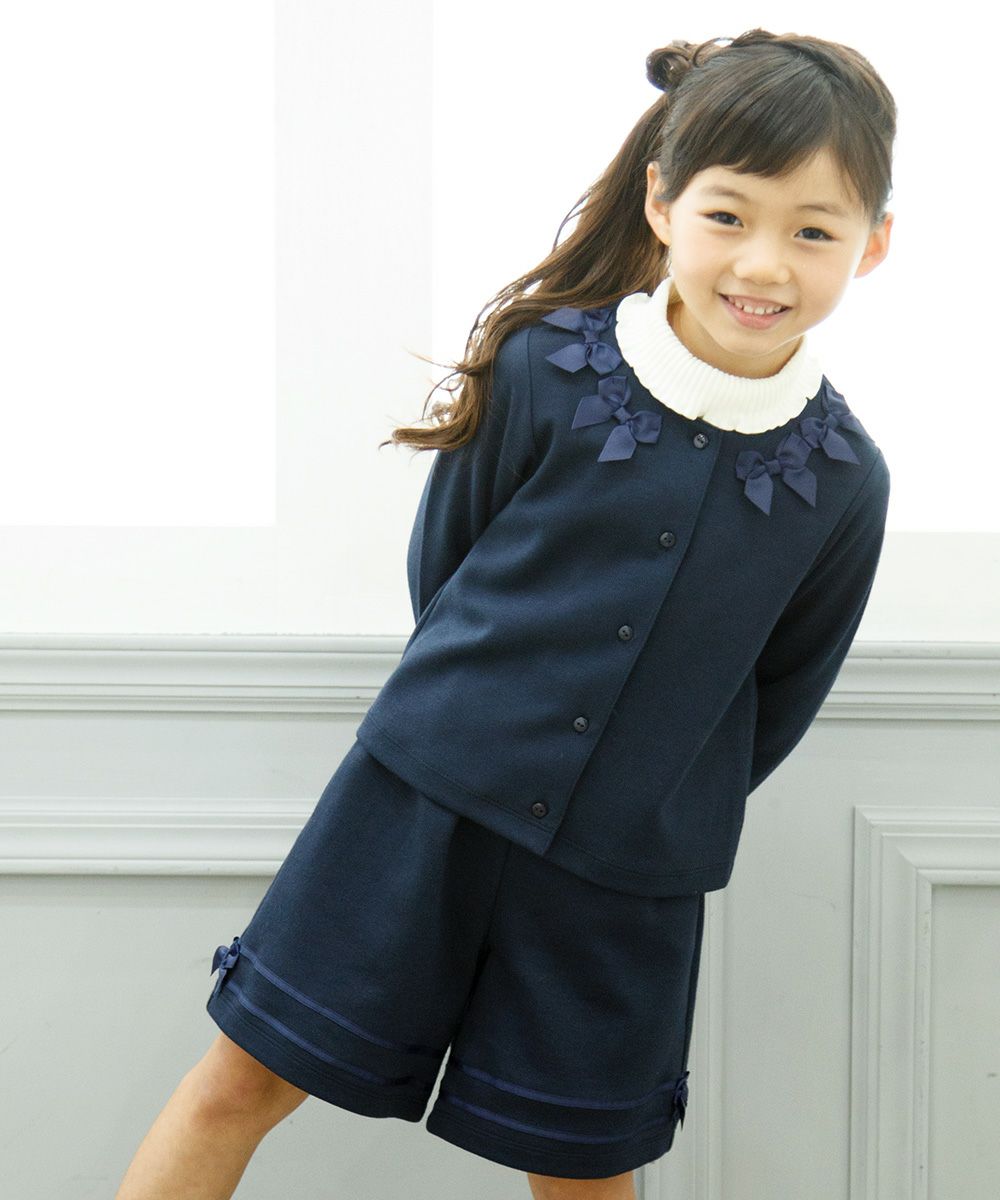 Children's clothing girl with ribbon Double knit cardigan navy (06) model image 1