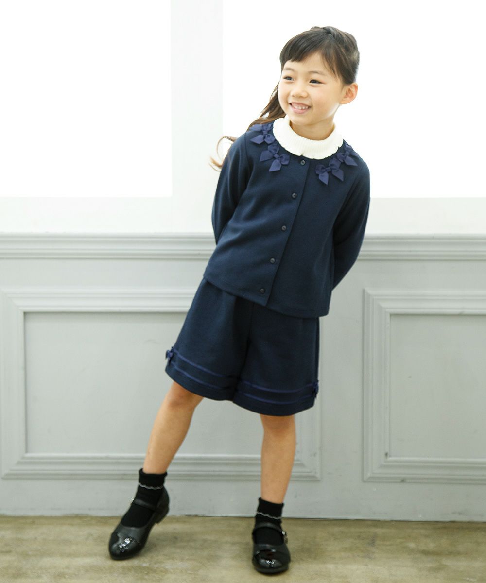Children's clothing girl with ribbon Double knit cardigan navy (06) model image 2
