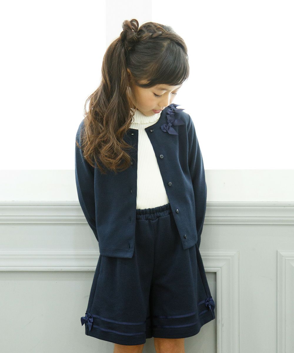 Children's clothing girl with ribbon Double knit cardigan navy (06) model image 3