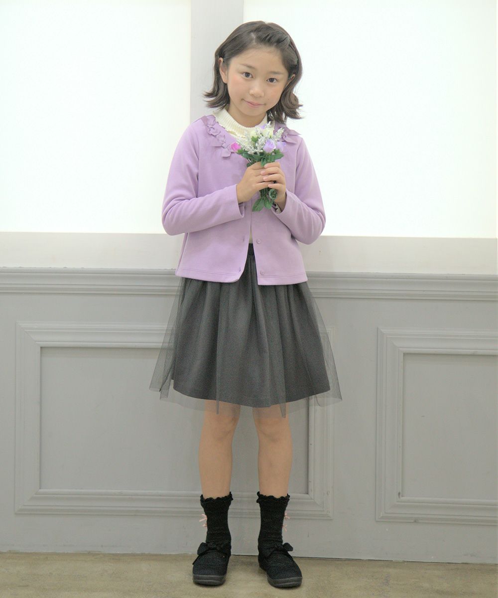 Children's clothing girl with ribbon Double knit cardigan purple (91) model image whole body
