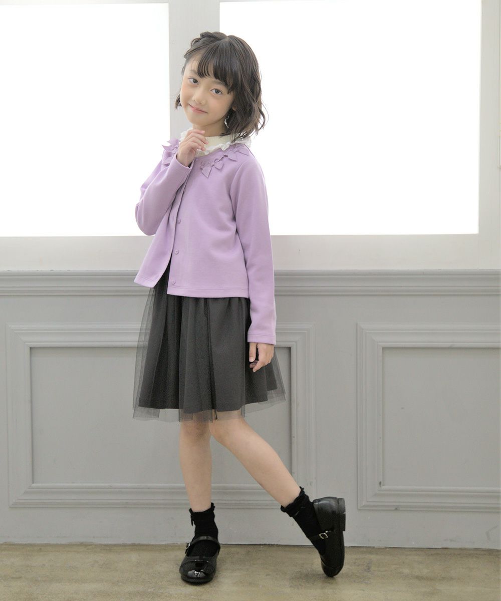 Double knit cardigan purple (91) model image 2 with children's clothing girl ribbon