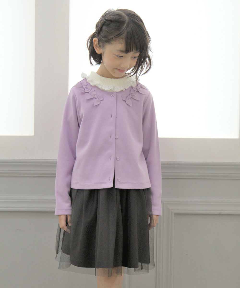Double knit cardigan purple (91) model image with children's clothing girl ribbon 3