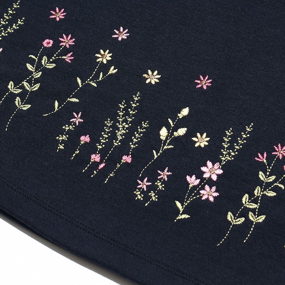 Flower embroidery A line double knit dress Navy Design point 1