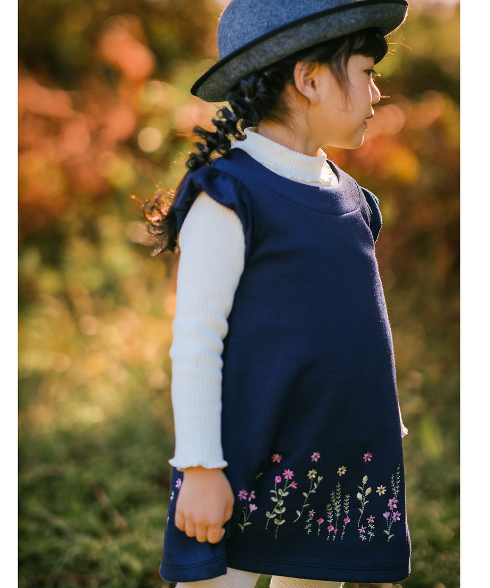 Flower embroidery A line double knit dress Navy model image up