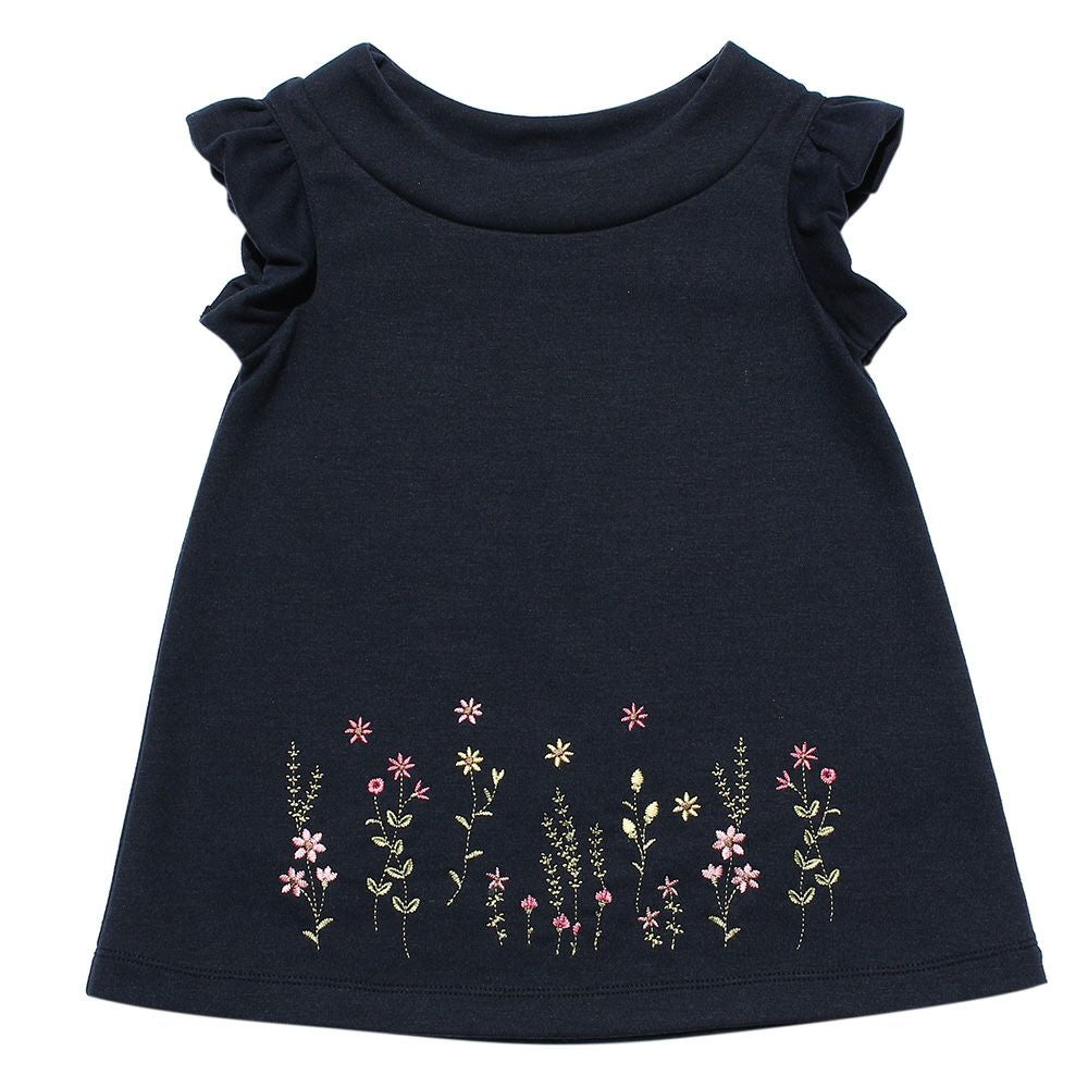 Baby size flower embroidery A line double knit dress Navy front