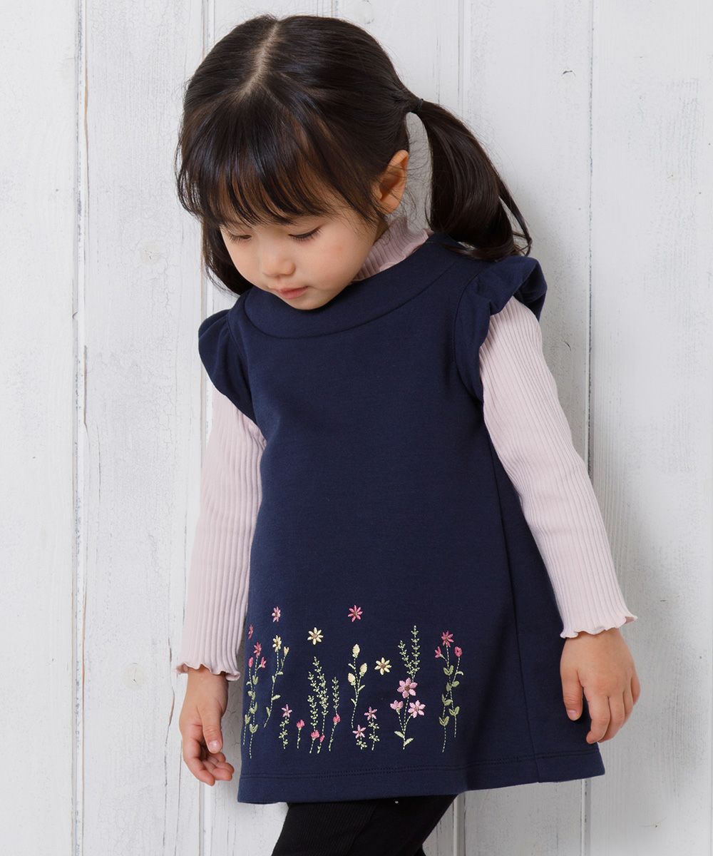 Baby size flower embroidery A line double knit dress Navy model image up