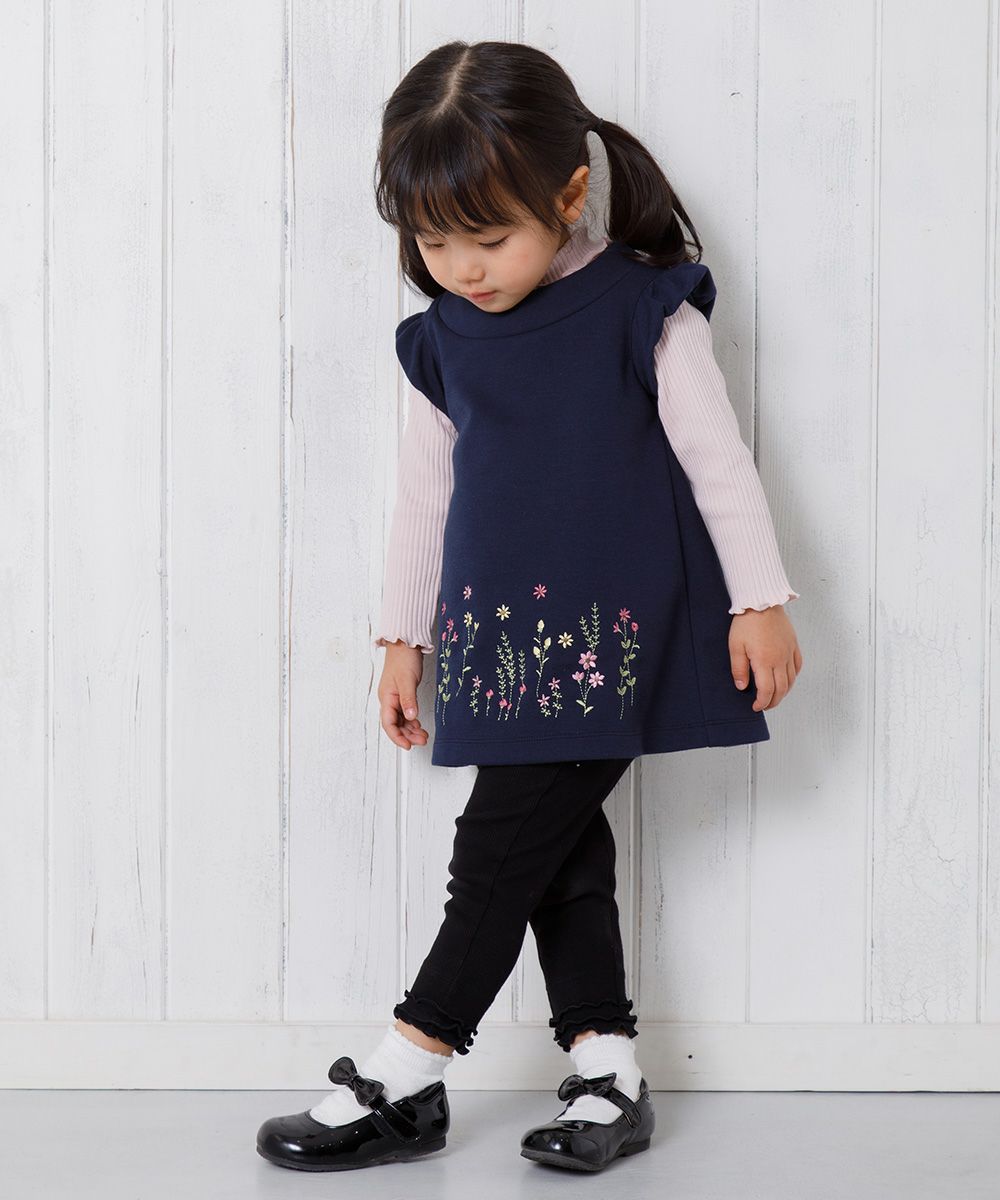 Baby size flower embroidery A line double knit dress Navy model image whole body