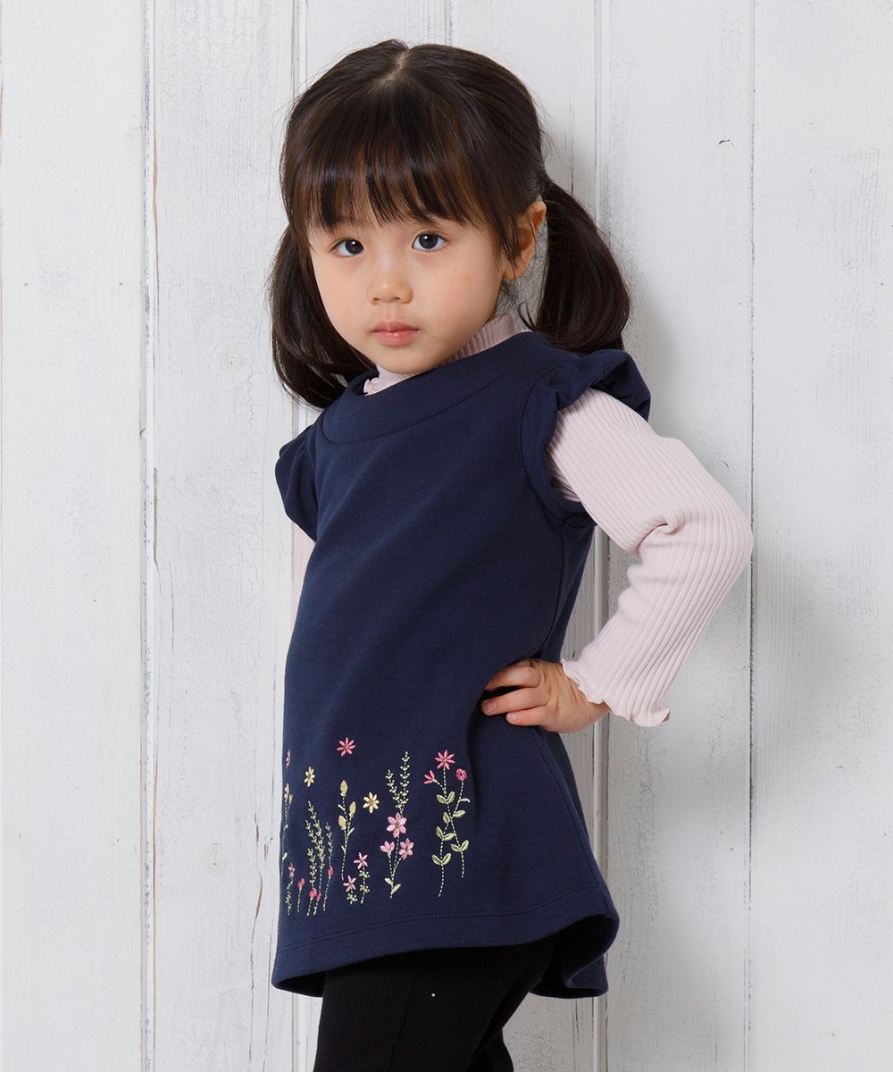Baby size flower embroidery A line double knit dress Navy model image 1