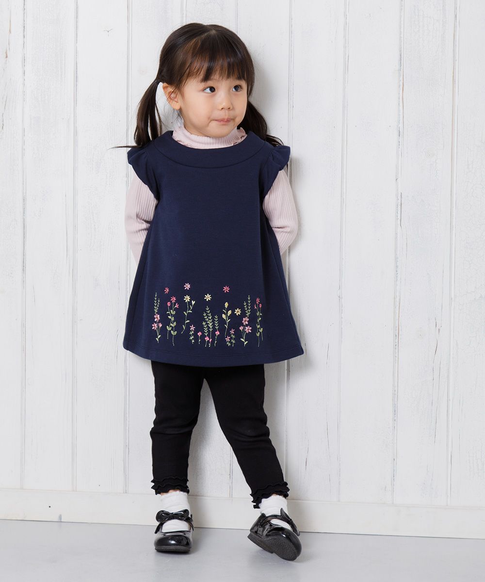 Baby size flower embroidery A line double knit dress Navy model image 2