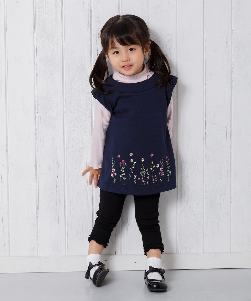 Baby size flower embroidery A line double knit dress Navy model image 3