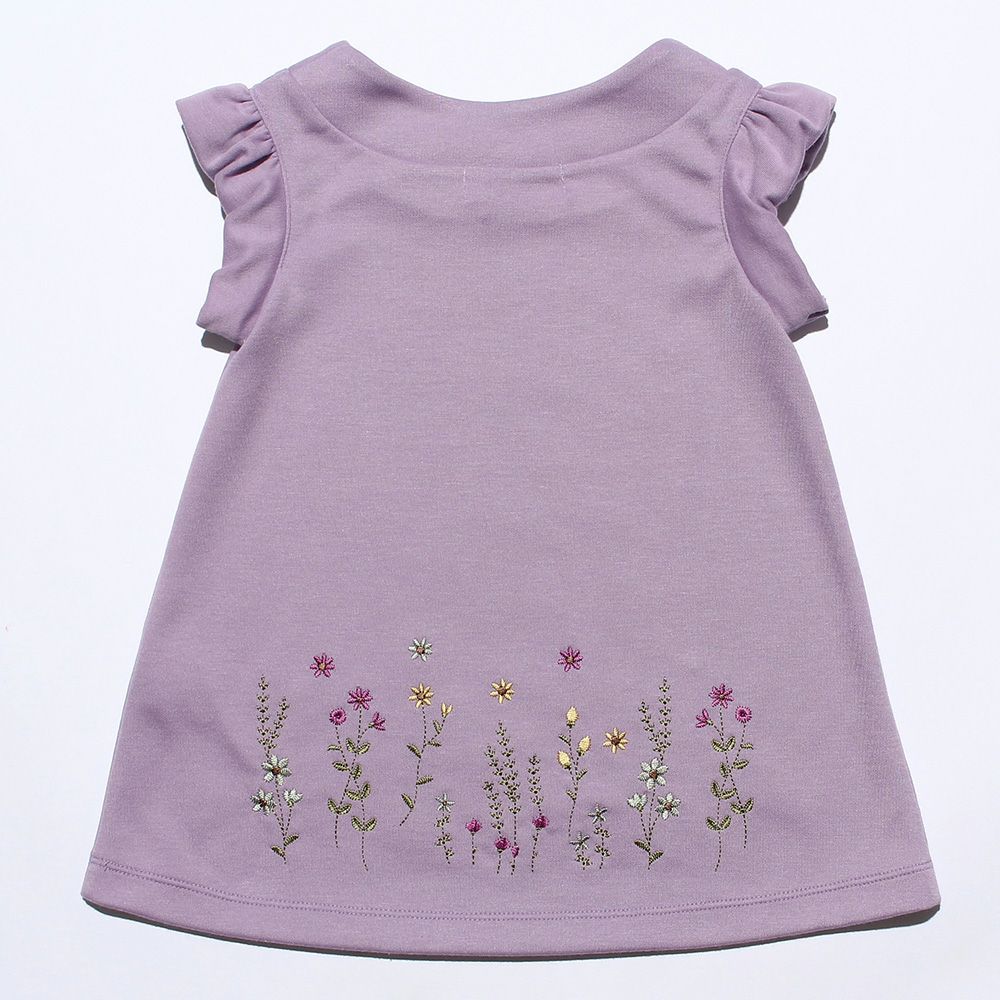 Baby size flower embroidery A line double knit dress Purple back