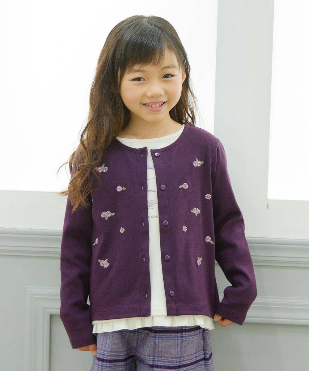 Flower embroidery fine brush material button opening cardigan Purple model image up